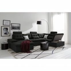 Fredriks Wohnlandschaft Puntiro I - Kunstleder Lilo / Strukturstoff Satur: Schwarz / Anthrazit - Longchair davorstehend links / Ottomane rechts -Wohnzimmermöbel boutique en ligne 1000021540 210614 18402100118 MOOD DETAILS P000000001000021540 mood