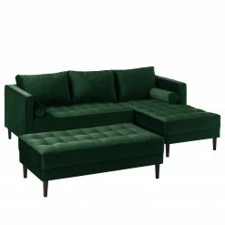 Eva Padberg Collection Ecksofa LAONA - Samt Pauno: Dunkelgrün - Longchair davorstehend rechts - Mit Hocker