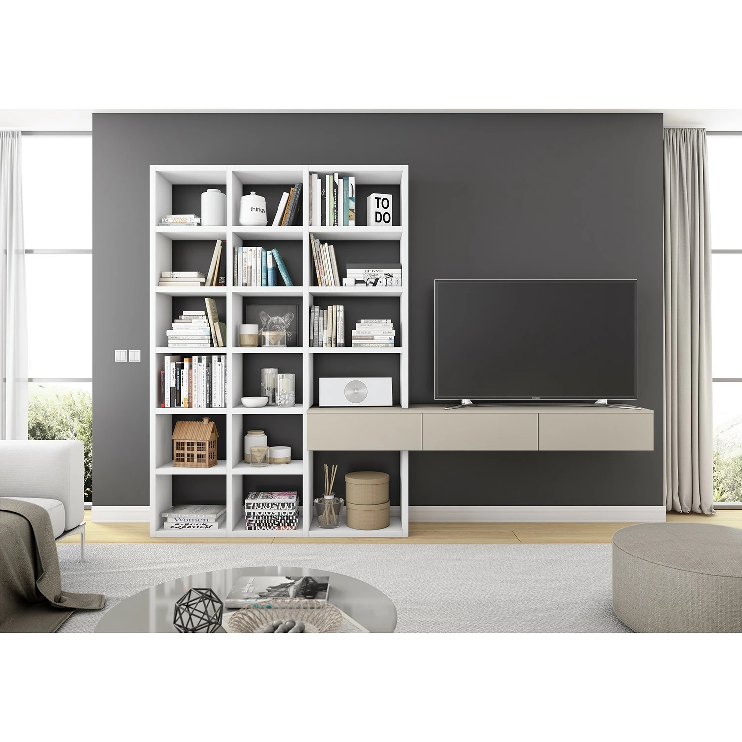 Loftscape TV-Wand Emporior III - Matt Hellbeige / Matt Weiß - Breite: 294 cm 1 Loftscape TV-Wand Emporior III - Matt Hellbeige / Matt Weiß - Breite: 294 cm