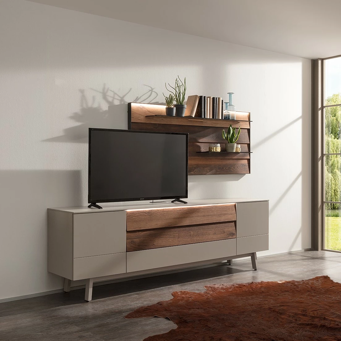 GWINNER Wohnkombination Misano III (2-teilig) - Saharagrau / Balkeneiche - Mit Beleuchtung 1 GWINNER Wohnkombination Misano III (2-teilig) - Saharagrau / Balkeneiche - Mit Beleuchtung