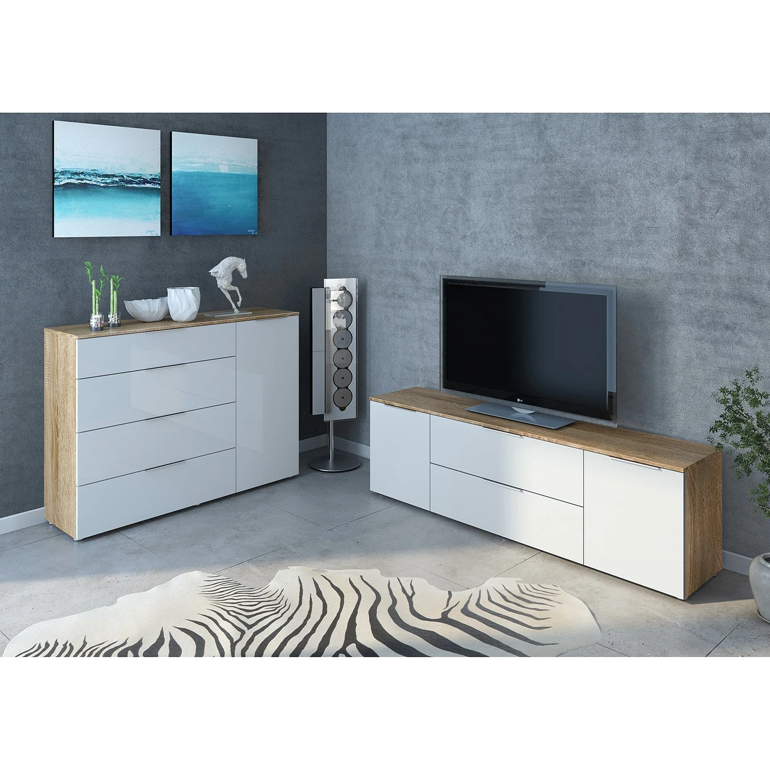 Maja Möbel Kommode Trend V - Glas - Weiß / Eiche Sonoma Dekor 2 Maja Möbel Kommode Trend V - Glas - Weiß / Eiche Sonoma Dekor – Bild 2