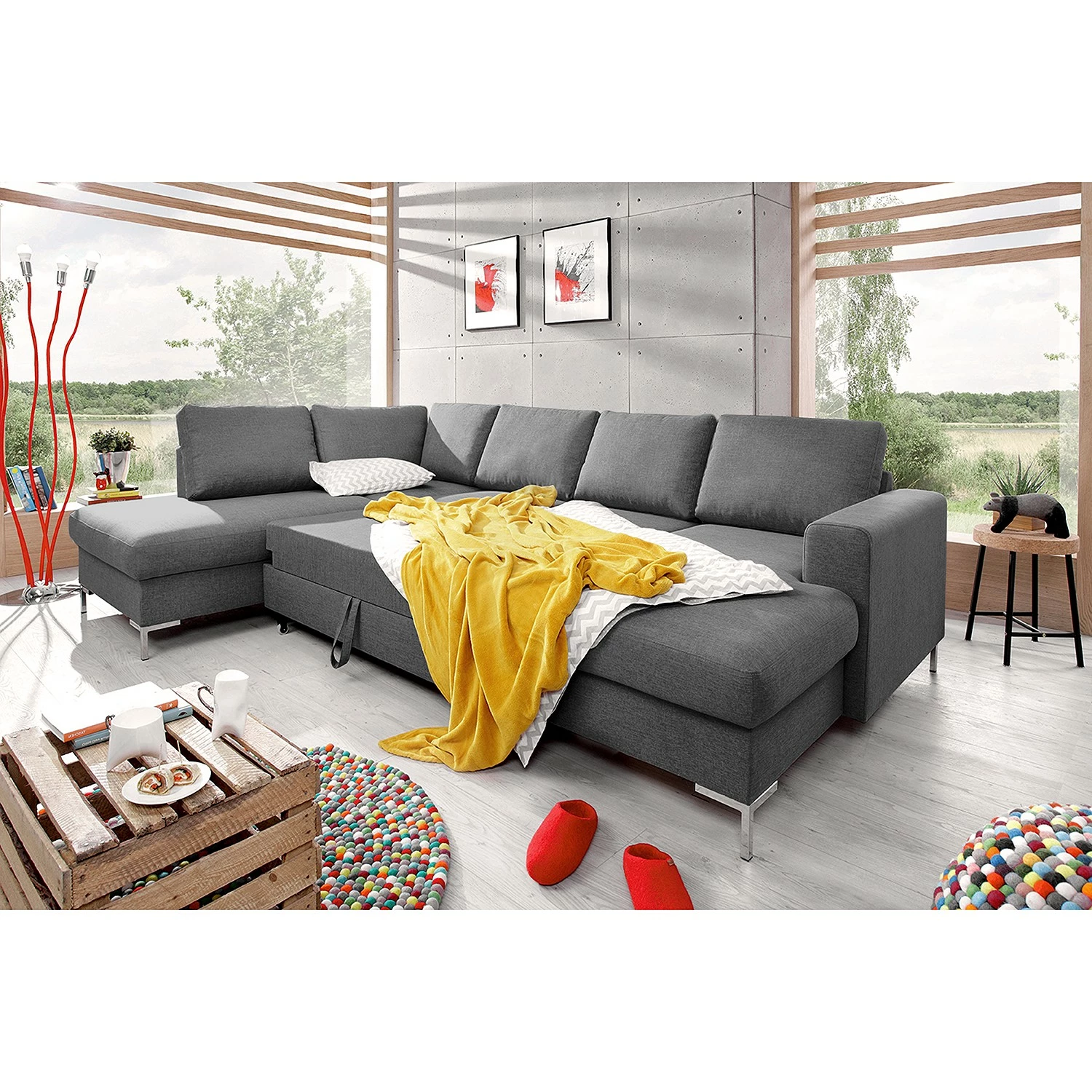 Fredriks Wohnlandschaft Sagata - Webstoff - Grau - Ottomane davorstehend links - Bettkasten - Schlaffunktion für dauerhafte Nutzung 4 Fredriks Wohnlandschaft Sagata - Webstoff - Grau - Ottomane davorstehend links - Bettkasten - Schlaffunktion für dauerhafte Nutzung – Bild 4