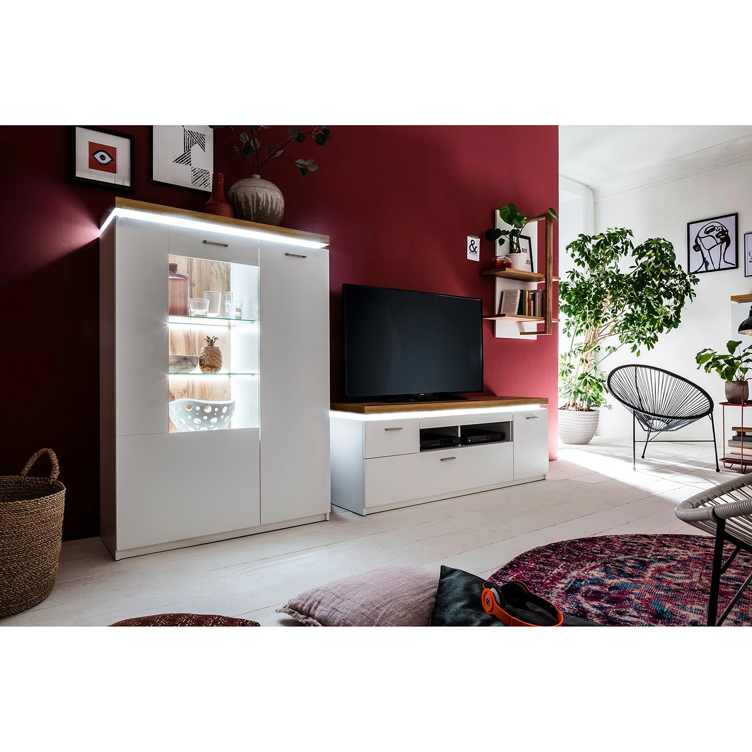 Loftscape Wohnwand Mundai II (3-teilig) - Inkl. Beleuchtung - Weiß / Eiche Wotan Dekor 2 Loftscape Wohnwand Mundai II (3-teilig) - Inkl. Beleuchtung - Weiß / Eiche Wotan Dekor – Bild 2