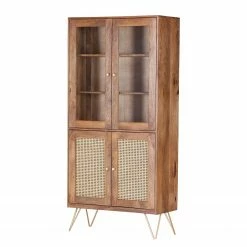 Naturoo Vitrinenschrank Nyack - Mango massiv / Wiener Geflecht - Mango / Gold