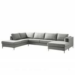 Studio Copenhagen Wohnlandschaft COSO Classic+ - Webstoff Inze: Hellgrau - Longchair davorstehend rechts / Ottomane links - Bettkasten - Chrom glänzend