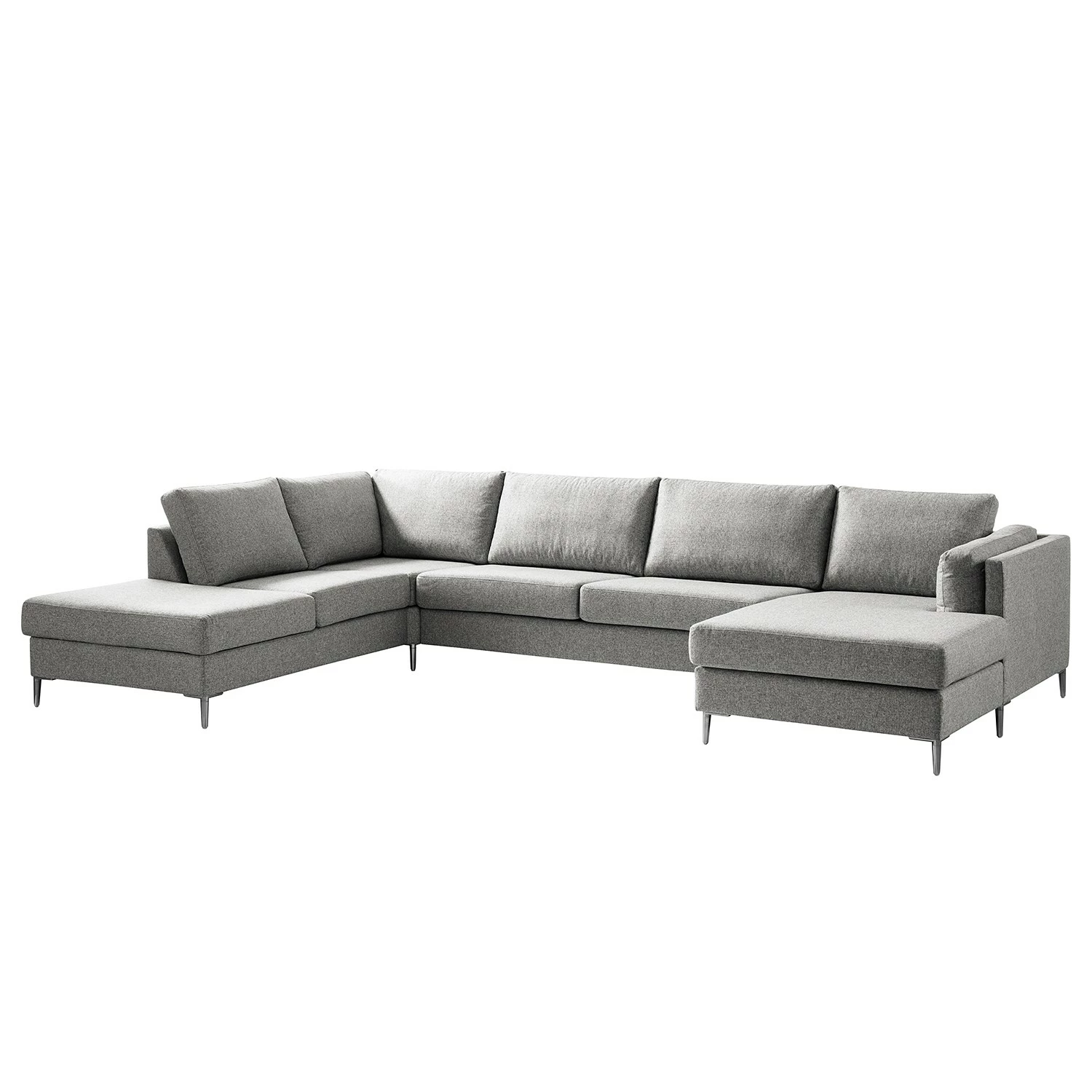 Studio Copenhagen Wohnlandschaft COSO Classic+ - Webstoff Inze: Hellgrau - Longchair davorstehend rechts / Ottomane links - Bettkasten - Chrom glänzend 1 Studio Copenhagen Wohnlandschaft COSO Classic+ - Webstoff Inze: Hellgrau - Longchair davorstehend rechts / Ottomane links - Bettkasten - Chrom glänzend