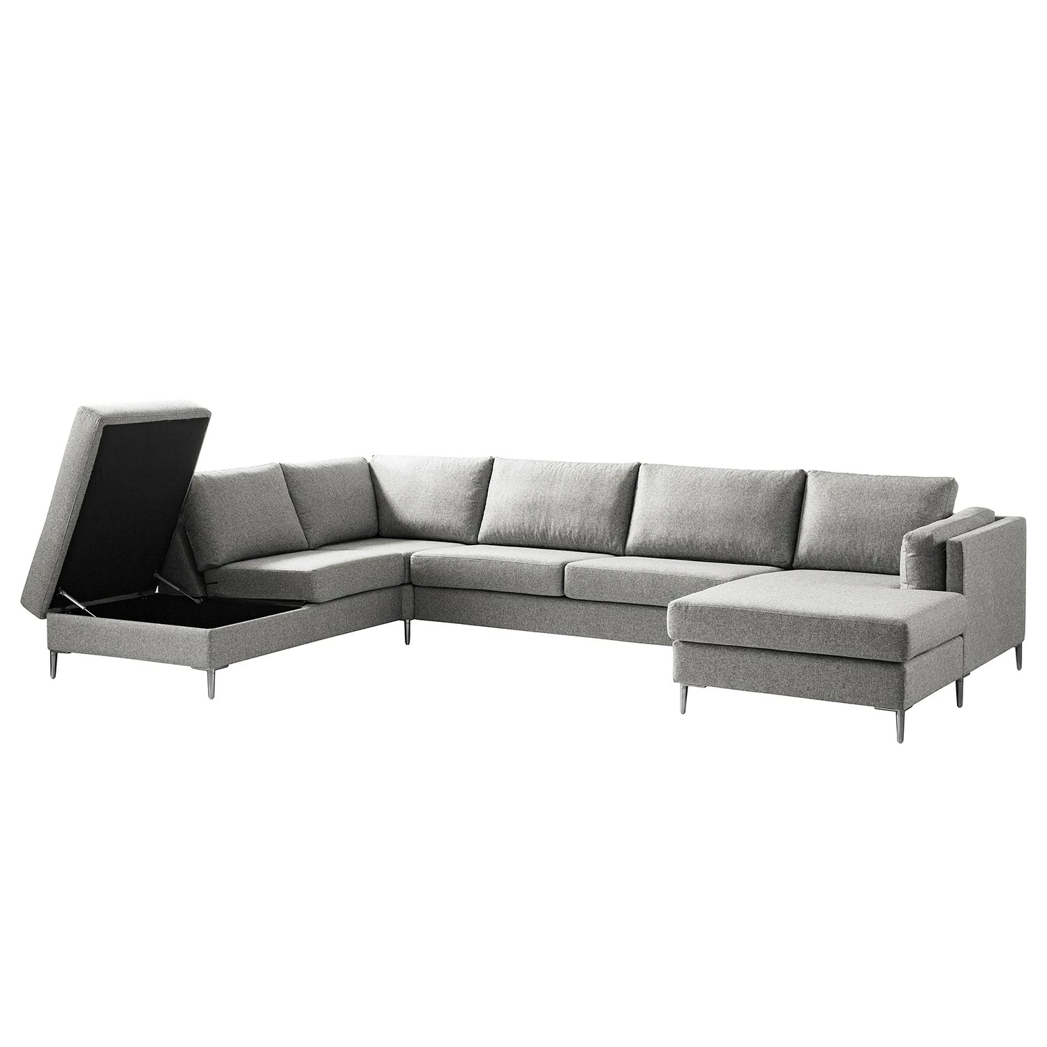 Studio Copenhagen Wohnlandschaft COSO Classic+ - Webstoff Inze: Hellgrau - Longchair davorstehend rechts / Ottomane links - Bettkasten - Chrom glänzend 5 Studio Copenhagen Wohnlandschaft COSO Classic+ - Webstoff Inze: Hellgrau - Longchair davorstehend rechts / Ottomane links - Bettkasten - Chrom glänzend – Bild 5