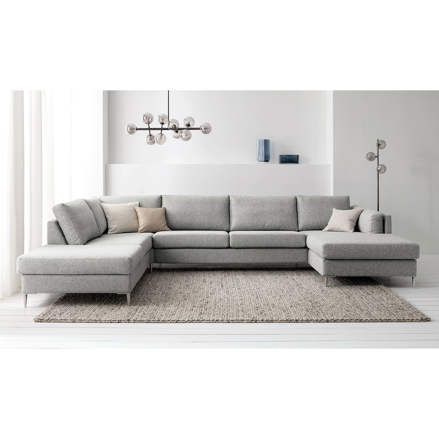 Studio Copenhagen Wohnlandschaft COSO Classic+ - Webstoff Inze: Hellgrau - Longchair davorstehend rechts / Ottomane links - Bettkasten - Chrom glänzend 3 Studio Copenhagen Wohnlandschaft COSO Classic+ - Webstoff Inze: Hellgrau - Longchair davorstehend rechts / Ottomane links - Bettkasten - Chrom glänzend – Bild 3