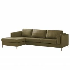 Studio Copenhagen Ecksofa COSO Classic+ mit Longchair - Echtleder Taru: Olivgrün - Breite: 287 cm - Longchair davorstehend links - Eiche Dunkel