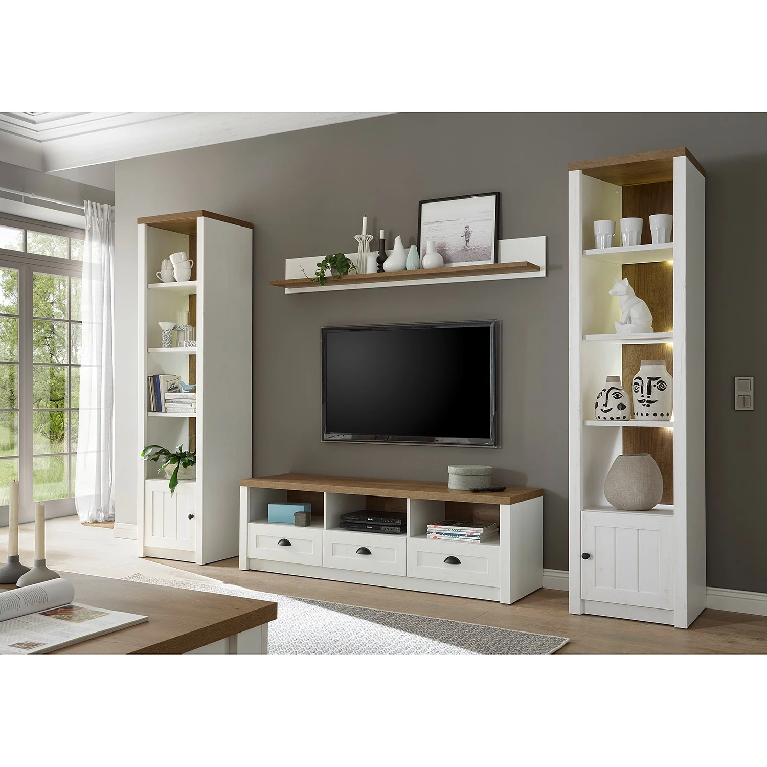 Norrwood Wohnwand Proville III (4-teilig) - Eiche Weiß Dekor / Eiche Dekor 1 Norrwood Wohnwand Proville III (4-teilig) - Eiche Weiß Dekor / Eiche Dekor