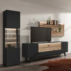 GWINNER Wohnkombination Misano II (3-teilig) - Anthrazit / Wildeiche - Mit Beleuchtung