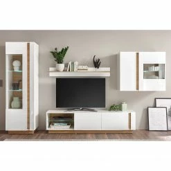 Loftscape Wohnwand Cailla II (4-teilig) - Hochglanz Weiß / Eiche Dekor