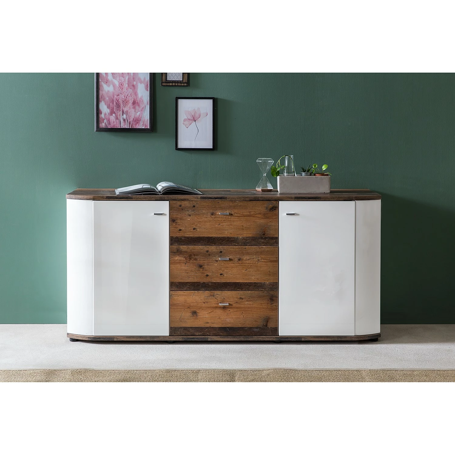 Fredriks Sideboard Karlsburg - Hochglanz Weiß / Altholz Dekor 2 Fredriks Sideboard Karlsburg - Hochglanz Weiß / Altholz Dekor – Bild 2