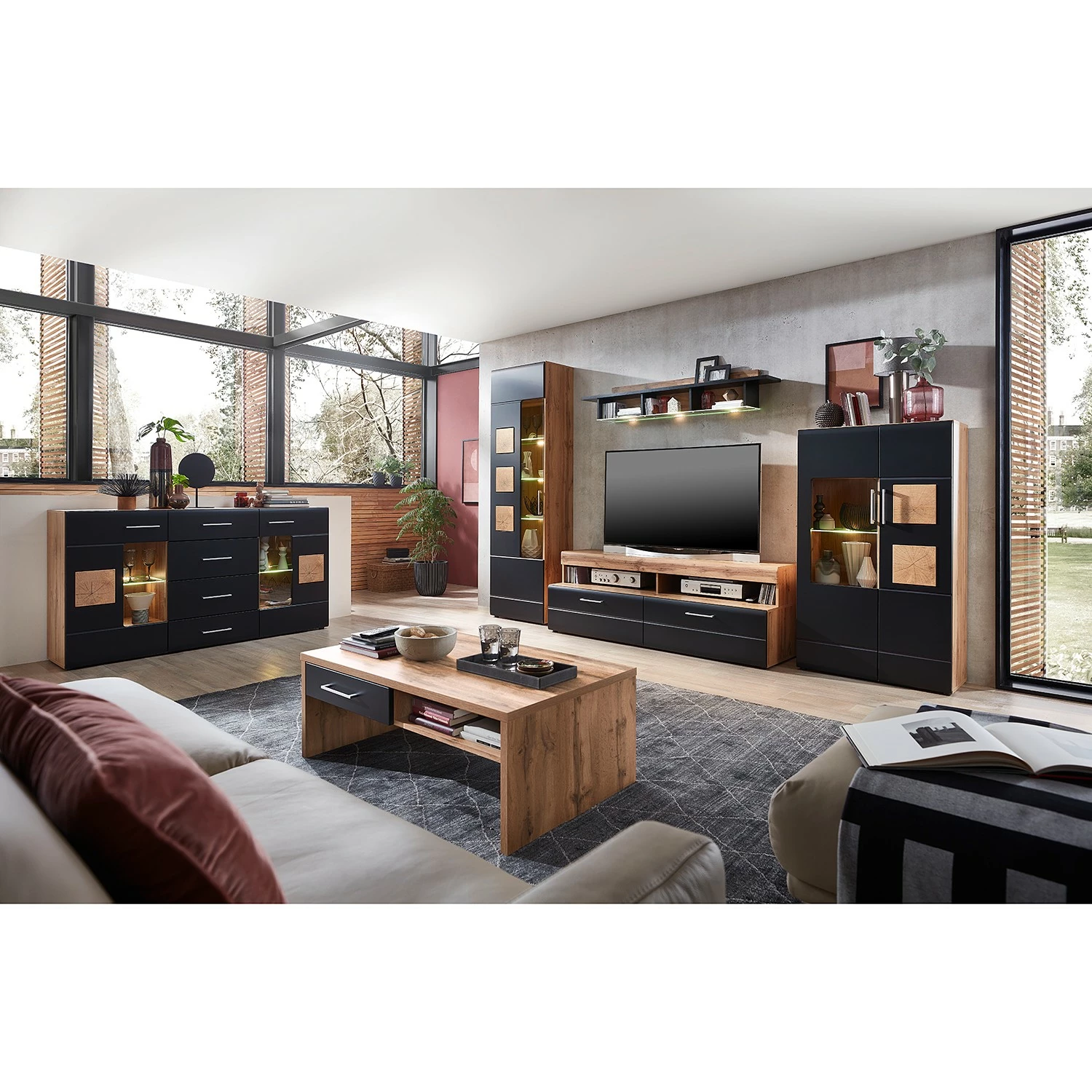 Loftscape Wohnwand Belloc (4-teilig) - Inkl. Beleuchtung - Matt Schwarz / Eiche Dekor 2 Loftscape Wohnwand Belloc (4-teilig) - Inkl. Beleuchtung - Matt Schwarz / Eiche Dekor – Bild 2