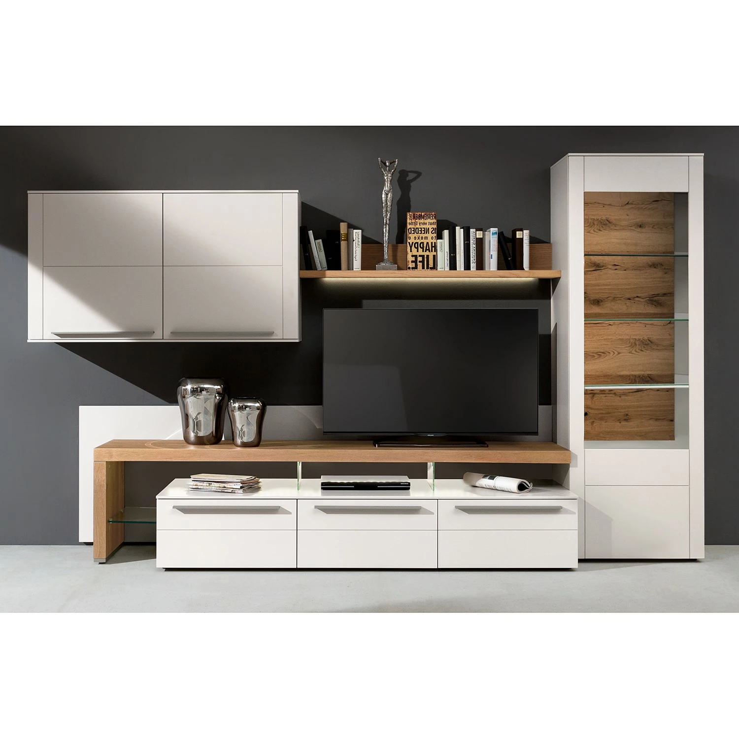 GWINNER Wohnwand Bellano I (4-teilig) - Echtholzfurnier - Matt Weiß / Balkeneiche - Ausrichtung links - Ohne Beleuchtung 1 GWINNER Wohnwand Bellano I (4-teilig) - Echtholzfurnier - Matt Weiß / Balkeneiche - Ausrichtung links - Ohne Beleuchtung