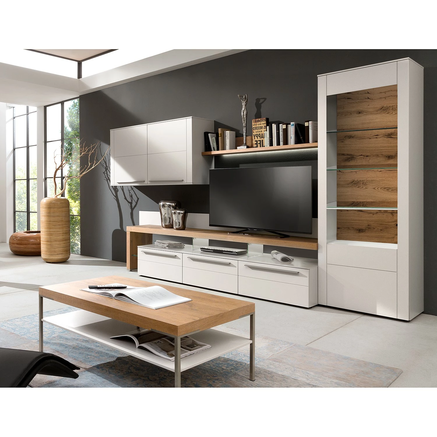 GWINNER Wohnwand Bellano I (4-teilig) - Echtholzfurnier - Matt Weiß / Balkeneiche - Ausrichtung links - Ohne Beleuchtung 7 GWINNER Wohnwand Bellano I (4-teilig) - Echtholzfurnier - Matt Weiß / Balkeneiche - Ausrichtung links - Ohne Beleuchtung – Bild 7