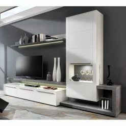 GWINNER Wohnwand Bellano II (3-teilig) - Matt Weiß / Beton Dekor - Ausrichtung rechts - Mit Beleuchtung