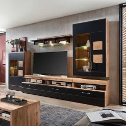 Loftscape Wohnwand Belloc III (5-teilig) - Inkl. Beleuchtung - Matt Schwarz / Eiche Dekor