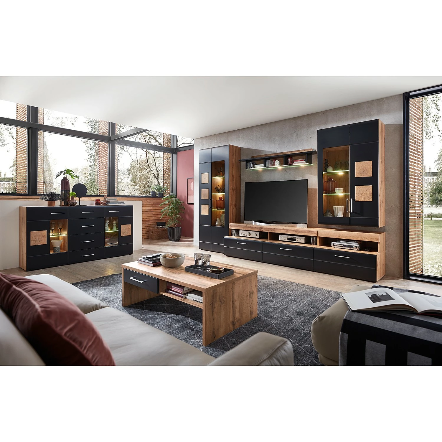 Loftscape Wohnwand Belloc II (5-teilig) - Inkl. Beleuchtung - Matt Schwarz / Eiche Dekor 3 Loftscape Wohnwand Belloc II (5-teilig) - Inkl. Beleuchtung - Matt Schwarz / Eiche Dekor – Bild 3