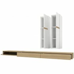 GWINNER Wohnwand Calea (3-teilig) - Inkl. Beleuchtung - Echtholzfurnier - Matt Weiß / Eiche - Ausrichtung rechts -Wohnzimmermöbel boutique en ligne 1000285814 220428 030 DETAILS P000000001000285814