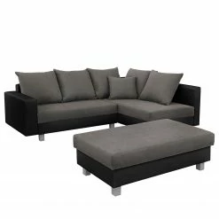 Loftscape Ecksofa Drayton - Kunstleder; Microfaser - Echtleder Soka / Microfaser Miako: Schwarz / Grau - Ottomane davorstehend rechts - Mit Hocker