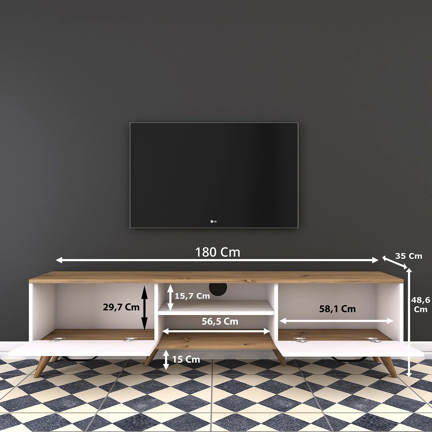 Loftscape TV-Lowboard Rangun - Weiß / Eiche Dekor 6 Loftscape TV-Lowboard Rangun - Weiß / Eiche Dekor – Bild 6