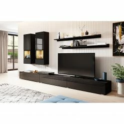 Loftscape Wohnwand Adschman (6-teilig) - Hochglanz Schwarz / Matt Schwarz