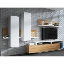 Loftscape Wohnwand Littor (3-teilig) - inkl. Beleuchtung - Weiß / Eiche Grandson Dekor