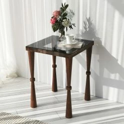 Ars Natura Beistelltisch Donatella - Glas / Walnuss massiv - Rauchschwarz / Walnuss -Wohnzimmermöbel boutique en ligne 1000333706 220302 021 MOOD DETAILS P000000001000333706 mood