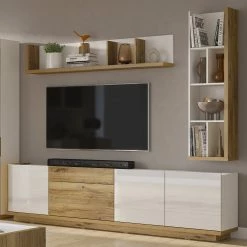 Loftscape Wohnwand Lahntal I (3-teilig) - Hochglanz Weiß / Risseiche Dekor