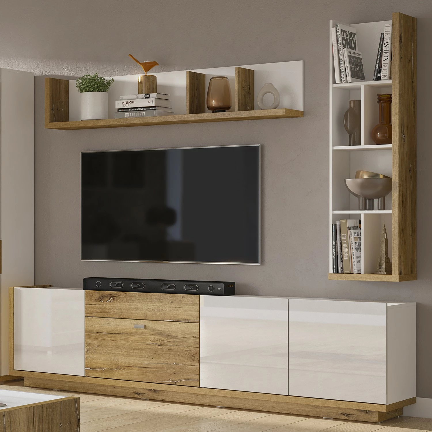 Loftscape Wohnwand Lahntal I (3-teilig) - Hochglanz Weiß / Risseiche Dekor 1 Loftscape Wohnwand Lahntal I (3-teilig) - Hochglanz Weiß / Risseiche Dekor