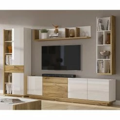 Loftscape Wohnwand Lahntal II (4-teilig) - Hochglanz Weiß / Risseiche Dekor