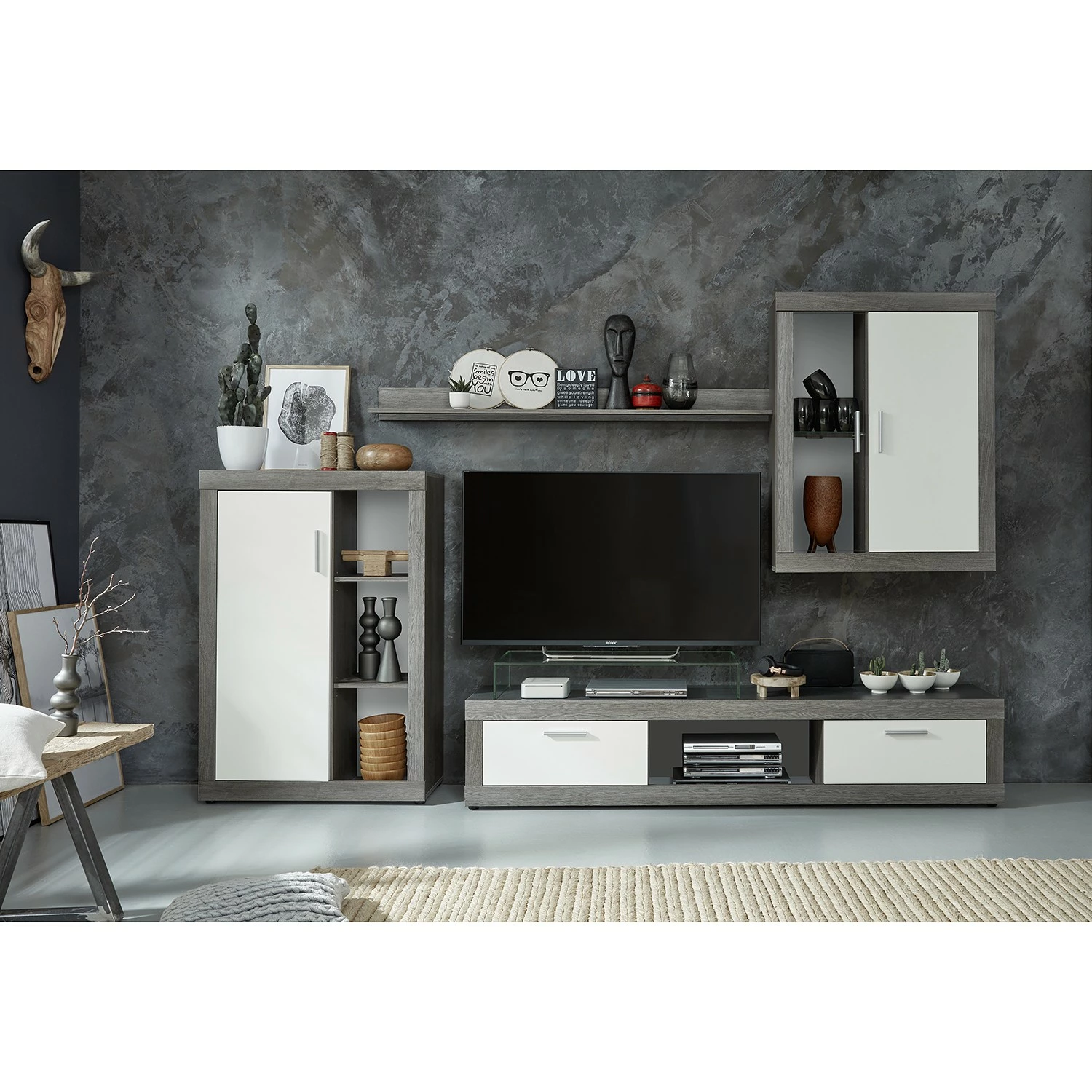 Trendteam Wohnwand Jazz I (4-teilig) - Eiche Grau Dekor / Weiß 2 Trendteam Wohnwand Jazz I (4-teilig) - Eiche Grau Dekor / Weiß – Bild 2