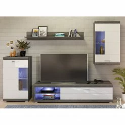 Loftscape Wohnwand Sarai IV (4-teilig) - Inkl. Beleuchtung - Hochglanz Weiß / Eiche Grau Dekor