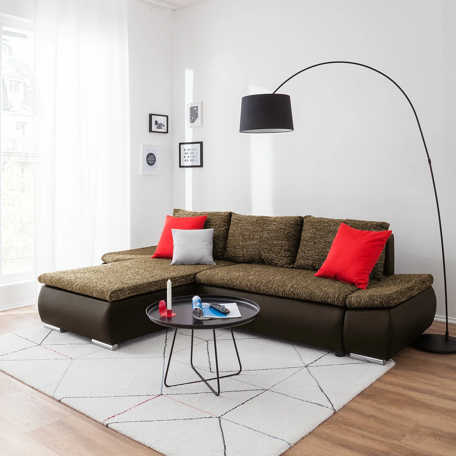 Fredriks Ecksofa Laza - mit Schlaffunktion - Kunstleder / Webstoff - Dunkelbraun / Cappuccino - Longchair davorstehend links 3 Fredriks Ecksofa Laza - mit Schlaffunktion - Kunstleder / Webstoff - Dunkelbraun / Cappuccino - Longchair davorstehend links – Bild 3