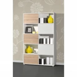 Schiebetürenregal Mingle I - Weiß / Eiche Sonoma Dekor -Wohnzimmermöbel boutique en ligne schiebetuerenregal mingle i weiss eiche sonoma dekor 5029132