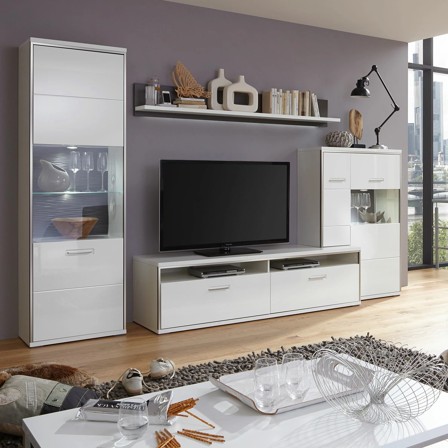 Loftscape Wohnwand Arco III (4-teilig) - Hochglanz Weiß / Grau 1 Loftscape Wohnwand Arco III (4-teilig) - Hochglanz Weiß / Grau