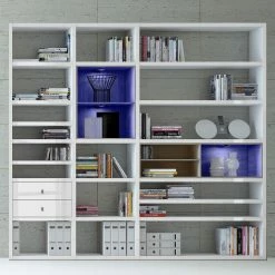 Loftscape XL Regalwand Emporior I.A - Hochglanz Weiß / Eiche Sonoma Dekor - Mit Beleuchtung -Wohnzimmermöbel boutique en ligne xl regalwand emporior i a rgb led beleuchtung hochglanz weiss eiche sonoma dekor 3396505